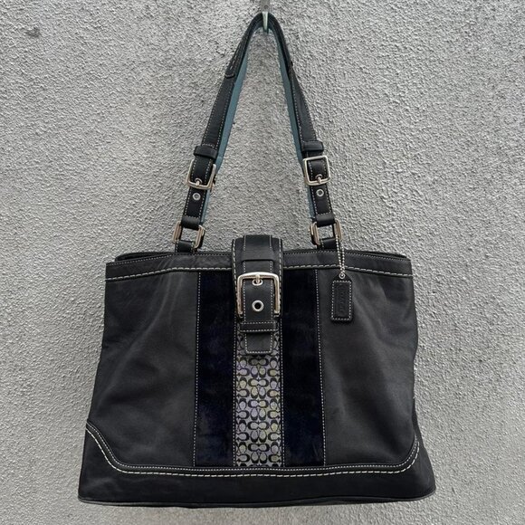 COACH Hampton Black Signature Leather Tote with Suede Details - Picture 1 of 8